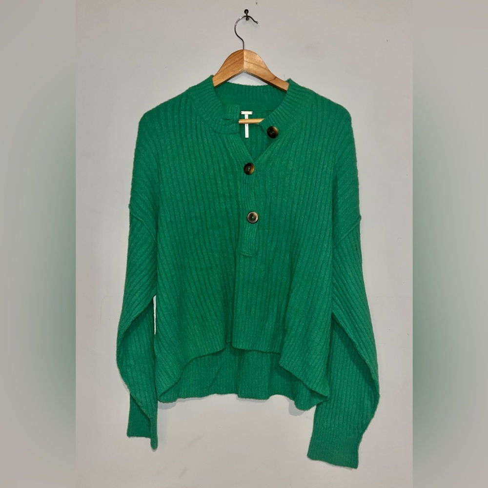 Free People Cocoa Henley Rolling Hills Sweater sz L - Picture 2 of 9